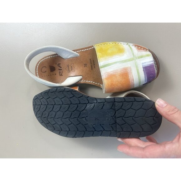 RIA MENORCA Sz 38/7 Cream Orange Green Leather Slip On Peep Toe Shoe Sandals - Picture 8 of 10